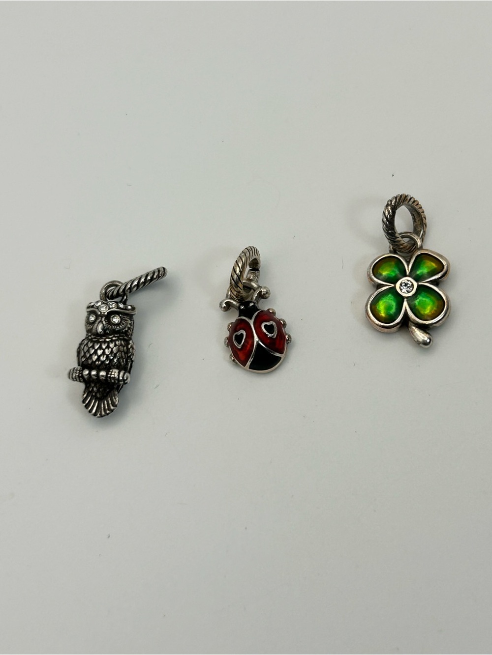 Brighton Nature Charms Qty 3 Owl, Ladybug & Green Clover Silver Plated Enamel - Picture 5 of 7